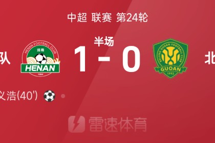 中超半场：钟义浩百场里程碑破门，河南1-0北京国安